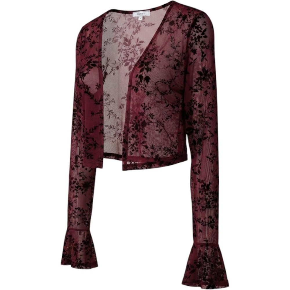 RIHOAS Cropped Cardigan Womens Large Burgundy Mesh Burnout Floral Bell Sleeve